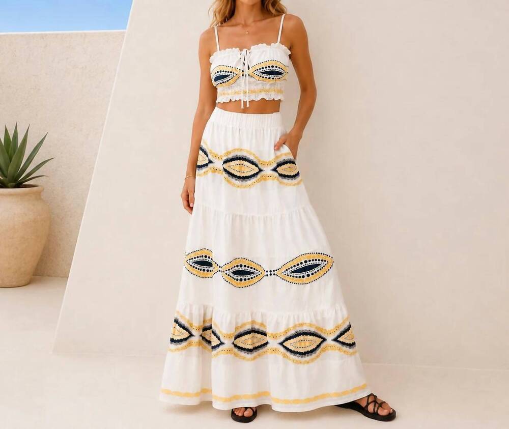 NEW MYSTERY RESORT santorini mosaic maxi skirt set in white